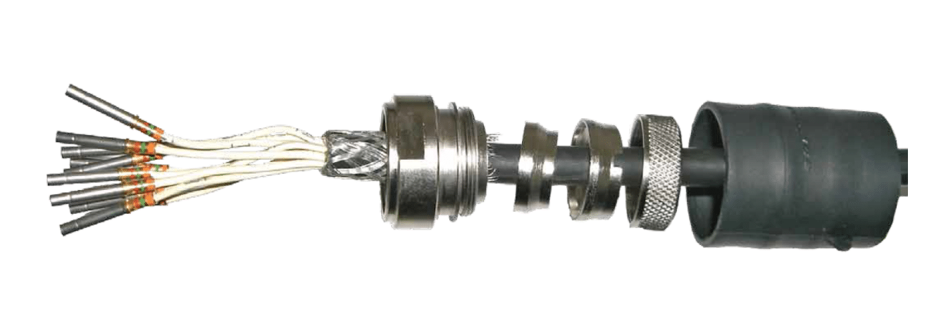Close up photo of double cone backshell, braided cable and heatshrink boot