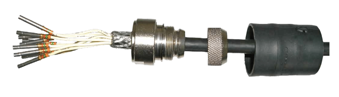 Close up photo of single cone backshell, braided cable and heatshrink boot
